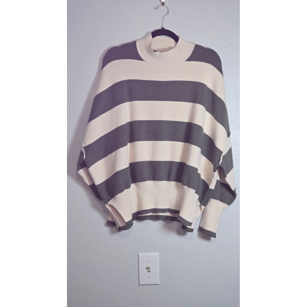 Altar'd State Striped Mock Neck Sweater Olive Cream Balloon Sleeve Large classic